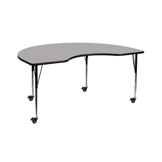 Mobile 48''W x 72''L Kidney Gray HP Laminate Activity Table - Standard Height Adjustable Legs