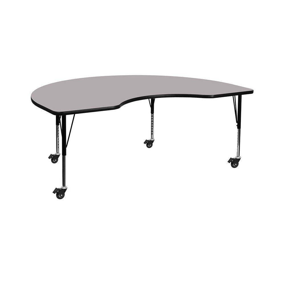 Mobile 48''W x 72''L Kidney Gray Thermal Laminate Activity Table - Height Adjustable Short Legs