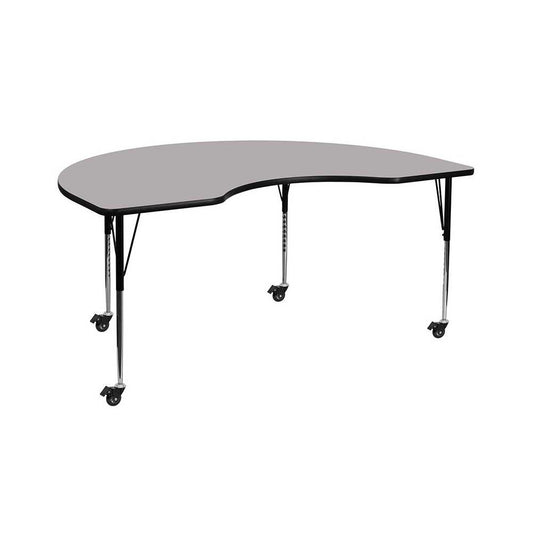 Mobile 48''W x 72''L Kidney Gray Thermal Laminate Activity Table - Standard Height Adjustable Legs