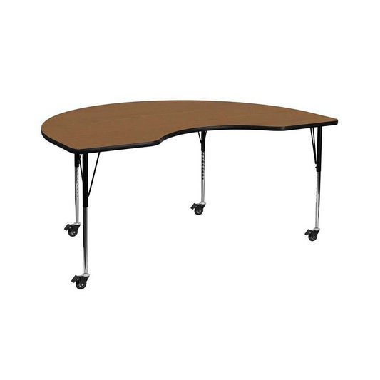 Mobile 48''W x 72''L Kidney Oak Thermal Laminate Activity Table - Standard Height Adjustable Legs