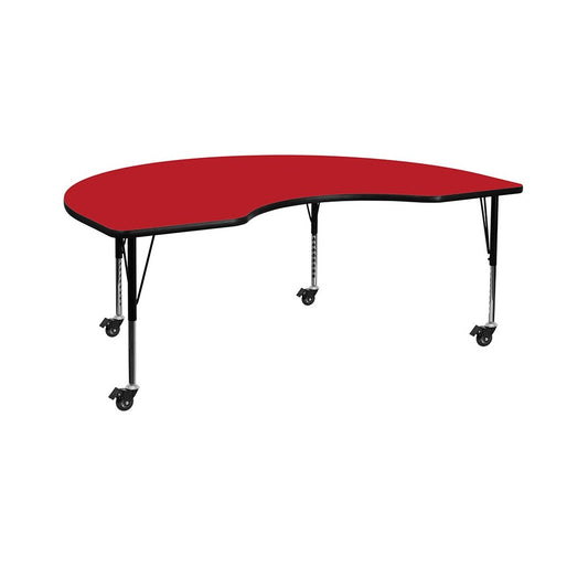 Mobile 48''W x 72''L Kidney Red HP Laminate Activity Table - Height Adjustable Short Legs