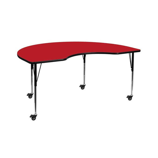 Mobile 48''W x 72''L Kidney Red HP Laminate Activity Table - Standard Height Adjustable Legs