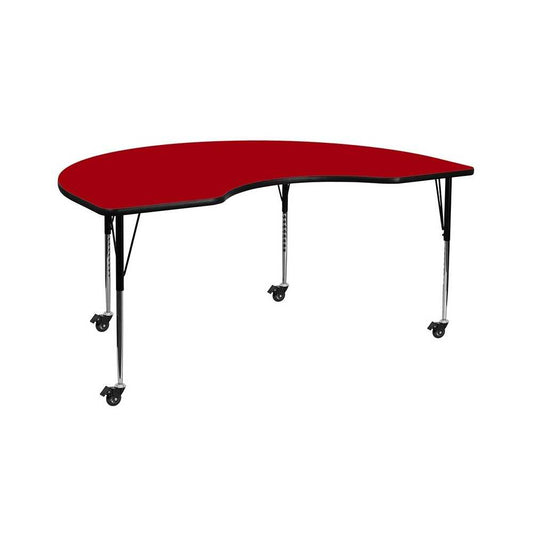 Mobile 48''W x 72''L Kidney Red Thermal Laminate Activity Table - Standard Height Adjustable Legs