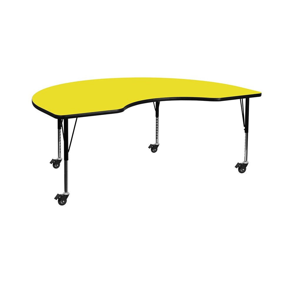 Mobile 48''W x 72''L Kidney Yellow HP Laminate Activity Table - Height Adjustable Short Legs