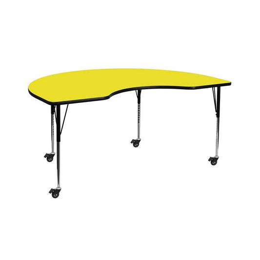 Mobile 48''W x 72''L Kidney Yellow HP Laminate Activity Table - Standard Height Adjustable Legs