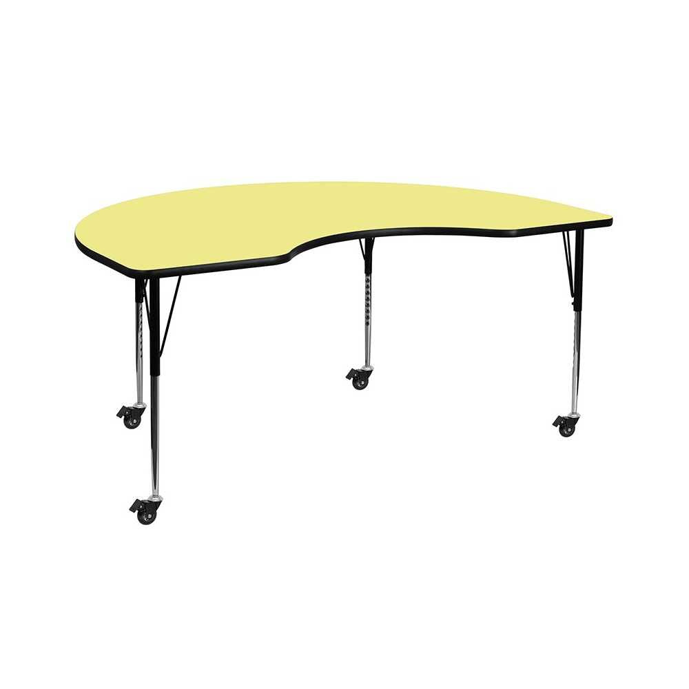 Mobile 48''W x 72''L Kidney Yellow Thermal Laminate Activity Table - Standard Height Adjustable Legs