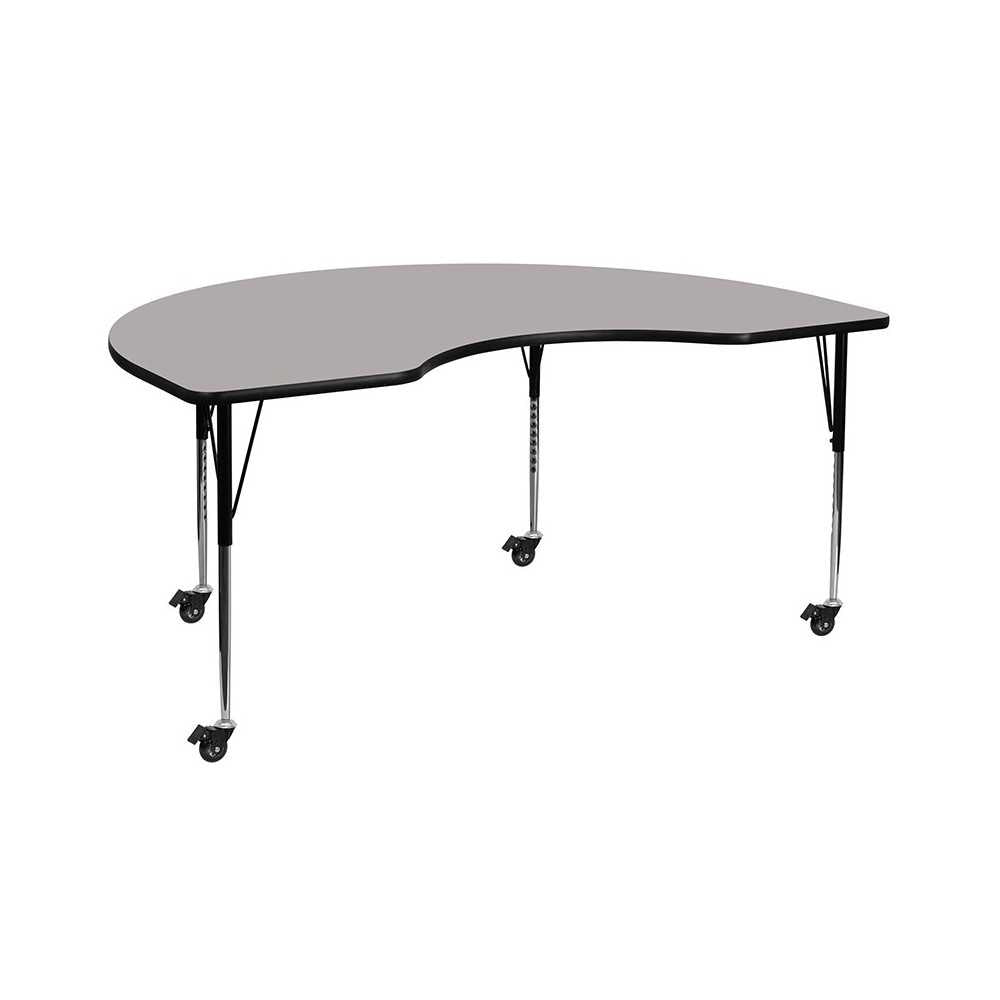 Mobile 48''W x 96''L Kidney Gray HP Laminate Activity Table - Standard Height Adjustable Legs