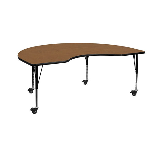 Mobile 48''W x 96''L Kidney Oak Thermal Laminate Activity Table - Height Adjustable Short Legs