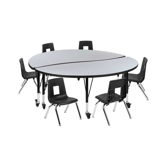 Mobile 60" Circle Wave Collaborative Laminate Activity Table Set with 12" Student Stack Chairs, Gray/Black