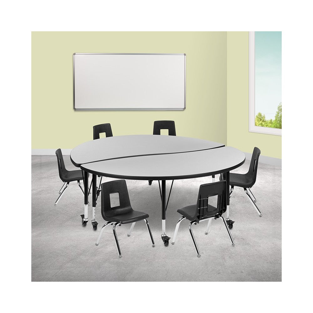 Mobile 60" Circle Wave Collaborative Laminate Activity Table Set with 12" Student Stack Chairs, Gray/Black