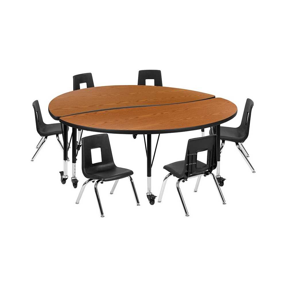 Mobile 60" Circle Wave Collaborative Laminate Activity Table Set with 12" Student Stack Chairs, Oak/Black