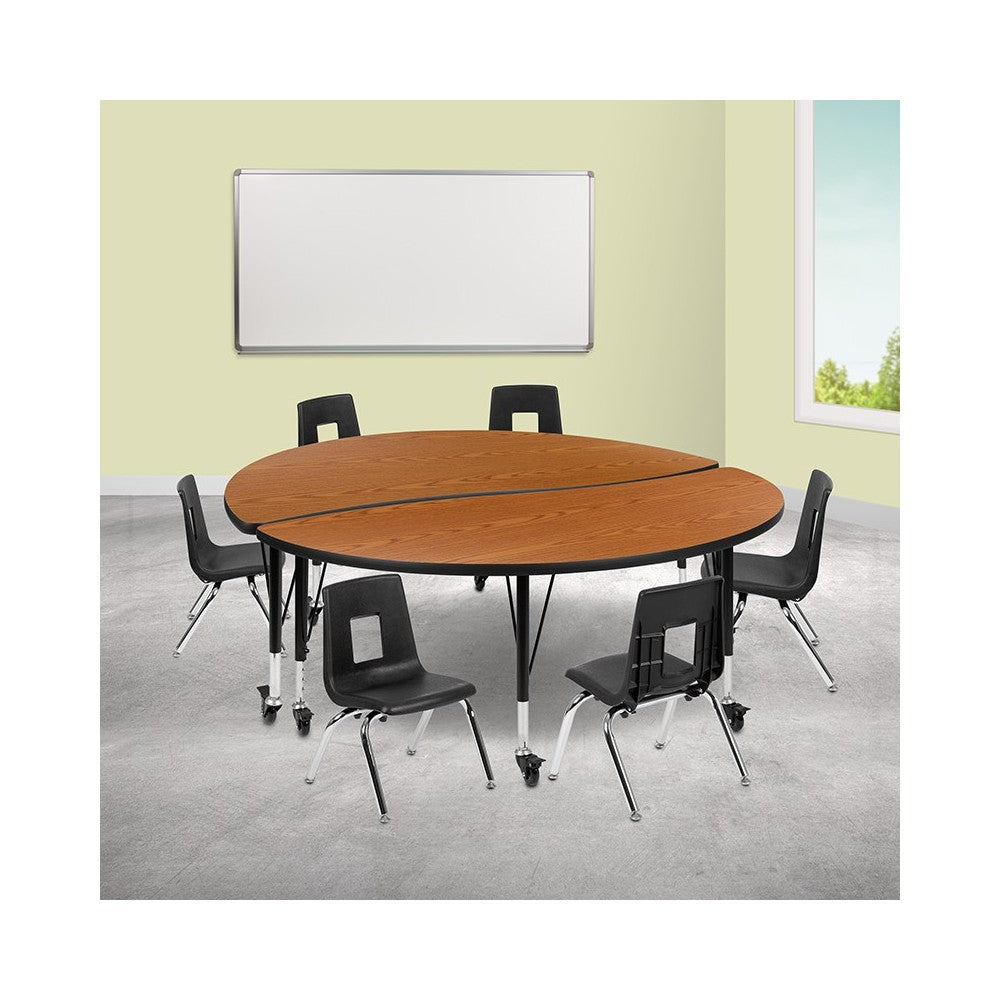 Mobile 60" Circle Wave Collaborative Laminate Activity Table Set with 12" Student Stack Chairs, Oak/Black