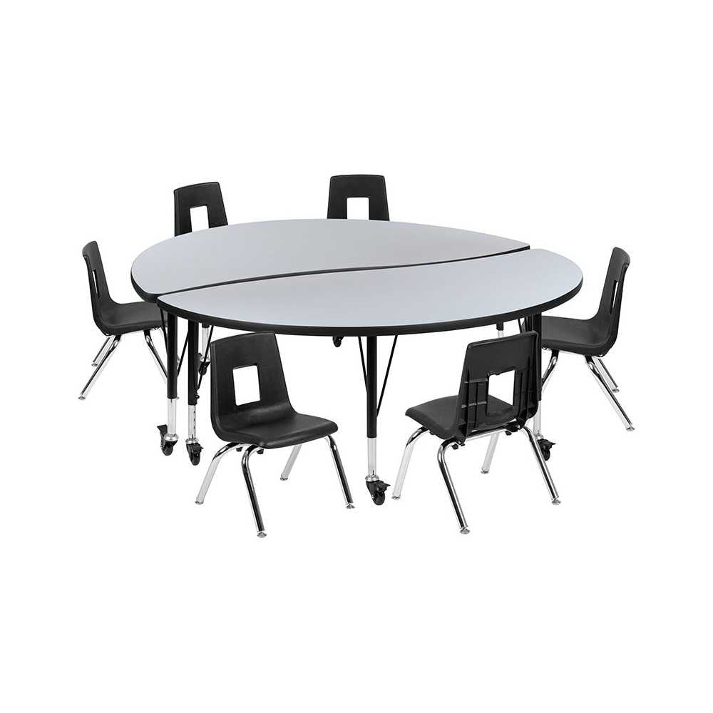 Mobile 60" Circle Wave Collaborative Laminate Activity Table Set with 14" Student Stack Chairs, Gray/Black