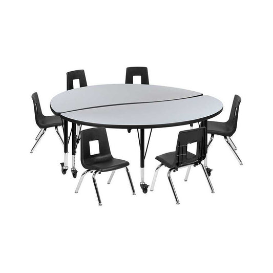 Mobile 60" Circle Wave Collaborative Laminate Activity Table Set with 14" Student Stack Chairs, Gray/Black