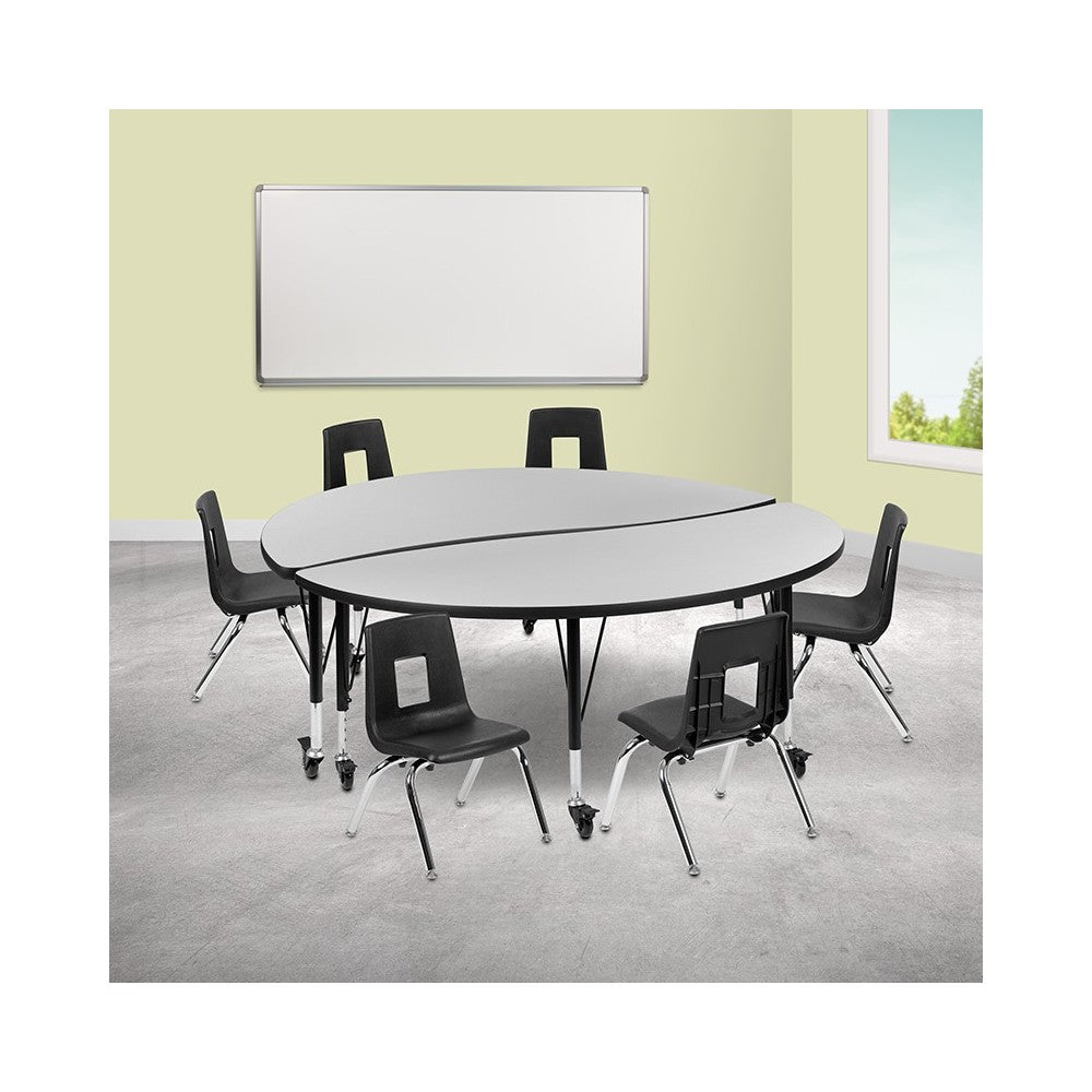 Mobile 60" Circle Wave Collaborative Laminate Activity Table Set with 14" Student Stack Chairs, Gray/Black