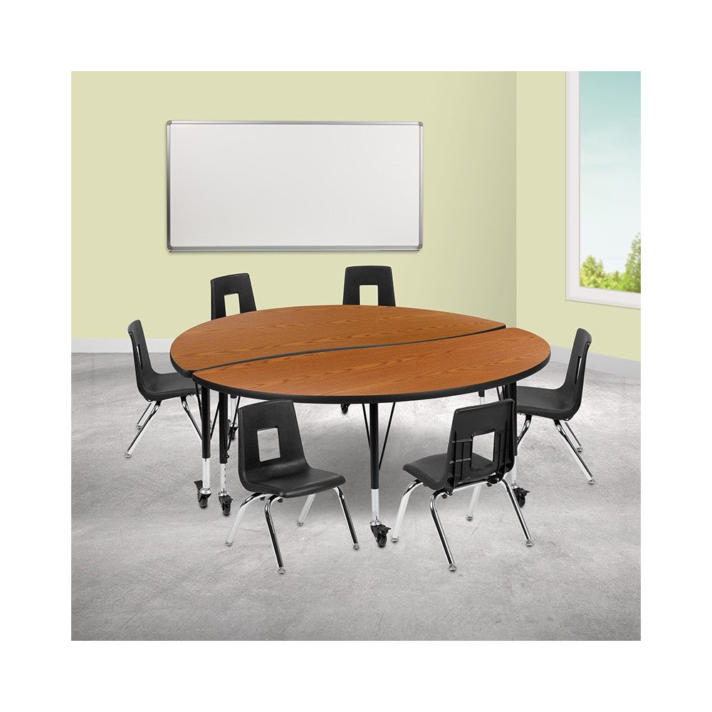 Mobile 60" Circle Wave Collaborative Laminate Activity Table Set with 14" Student Stack Chairs, Oak/Black