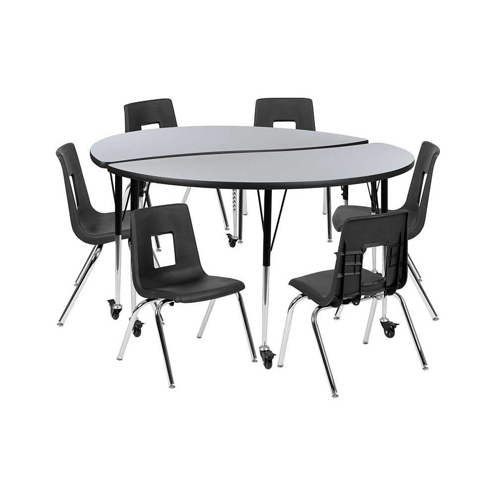 Mobile 60" Circle Wave Collaborative Laminate Activity Table Set with 16" Student Stack Chairs, Gray/Black