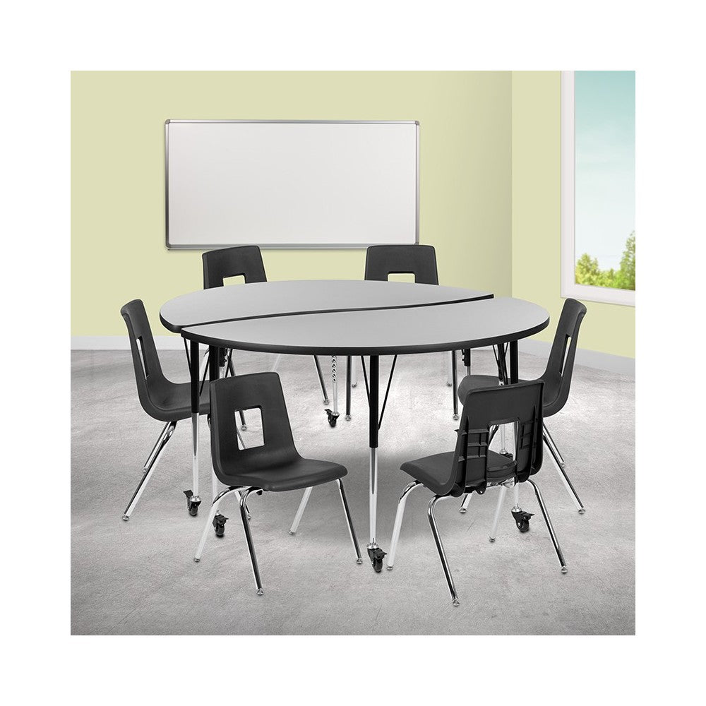 Mobile 60" Circle Wave Collaborative Laminate Activity Table Set with 16" Student Stack Chairs, Gray/Black