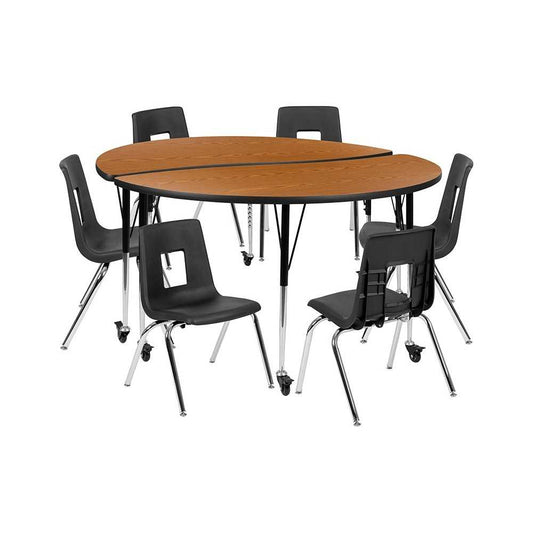 Mobile 60" Circle Wave Collaborative Laminate Activity Table Set with 16" Student Stack Chairs, Oak/Black