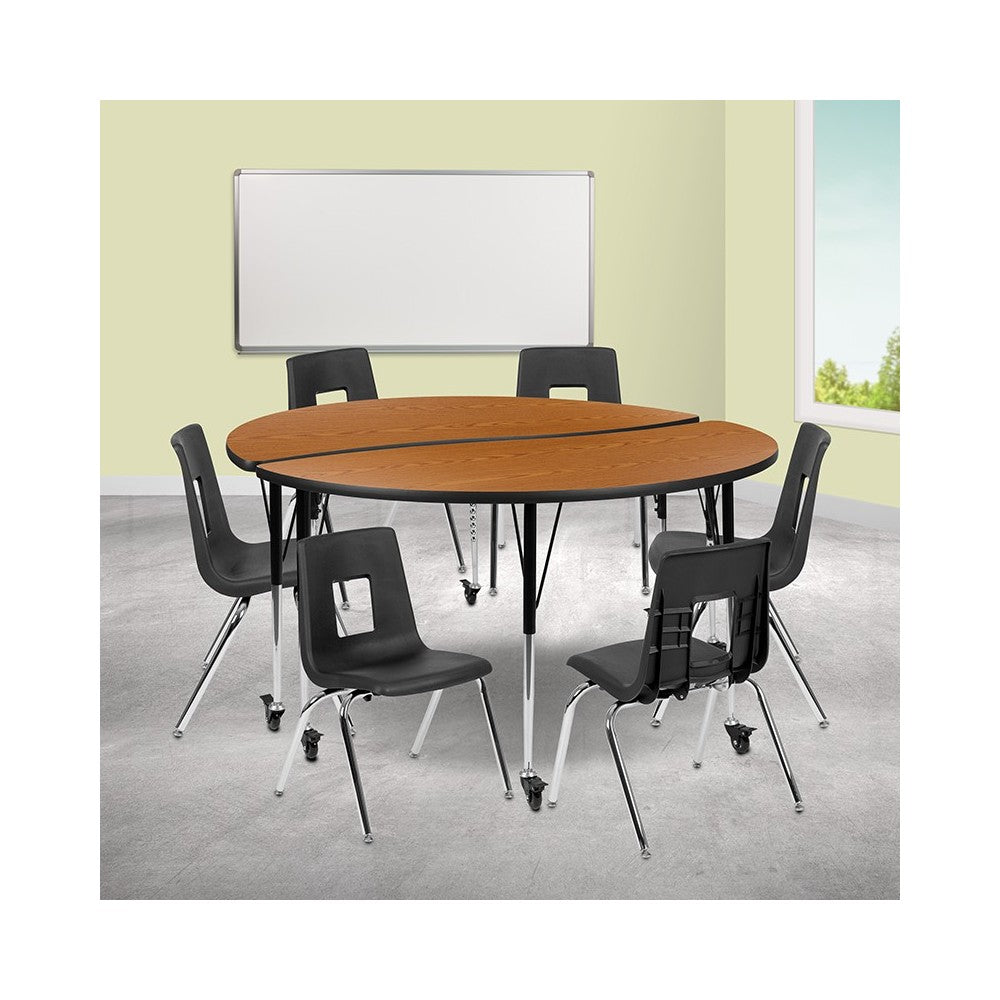 Mobile 60" Circle Wave Collaborative Laminate Activity Table Set with 16" Student Stack Chairs, Oak/Black