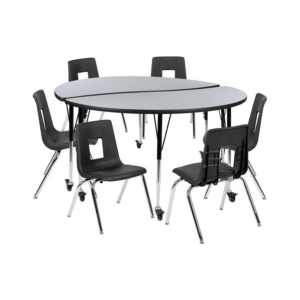 Mobile 60" Circle Wave Collaborative Laminate Activity Table Set with 18" Student Stack Chairs, Gray/Black