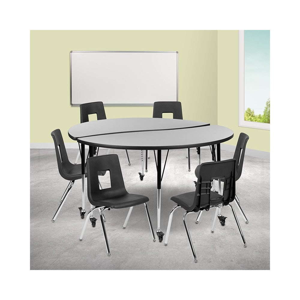 Mobile 60" Circle Wave Collaborative Laminate Activity Table Set with 18" Student Stack Chairs, Gray/Black