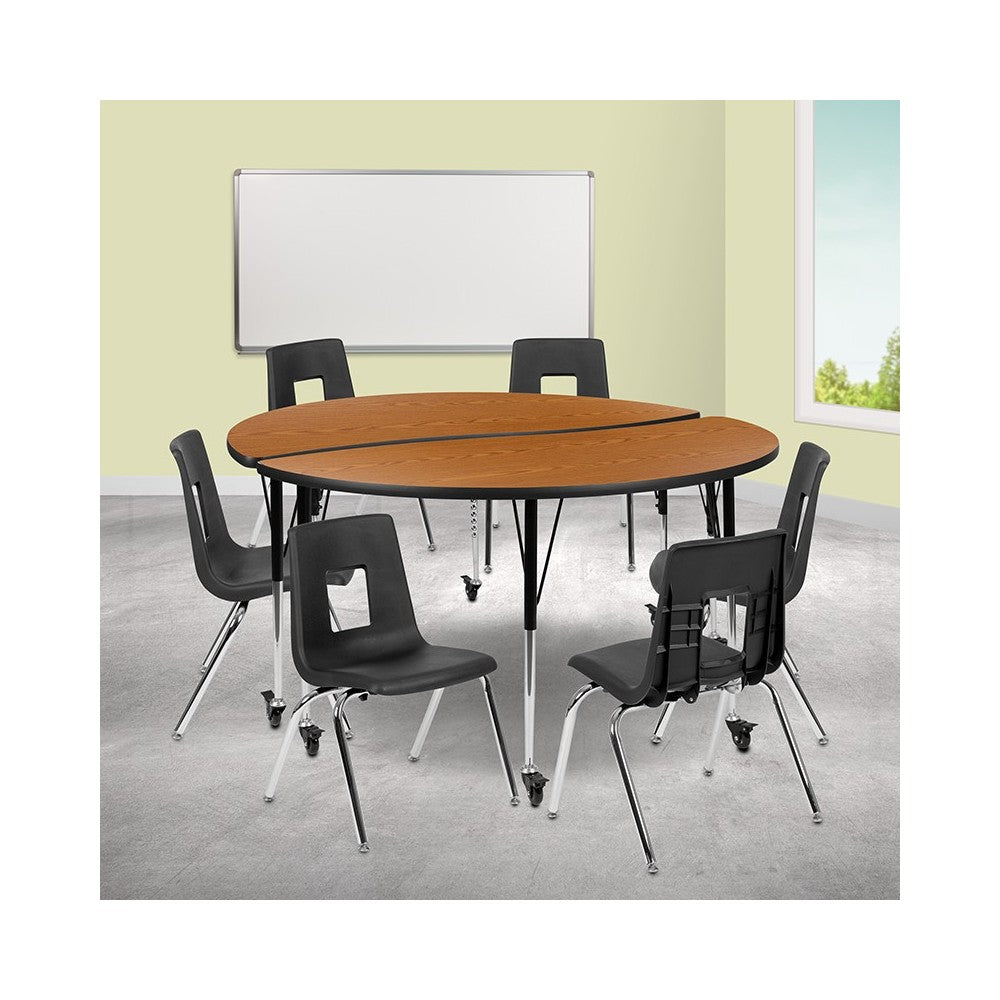 Mobile 60" Circle Wave Collaborative Laminate Activity Table Set with 18" Student Stack Chairs, Oak/Black