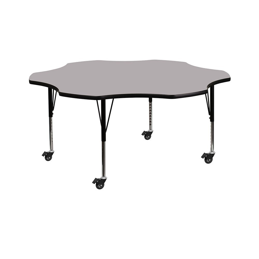 Mobile 60'' Flower Gray Thermal Laminate Activity Table - Height Adjustable Short Legs