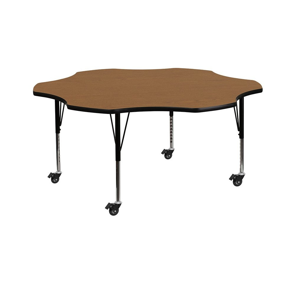 Mobile 60'' Flower Oak Thermal Laminate Activity Table - Height Adjustable Short Legs