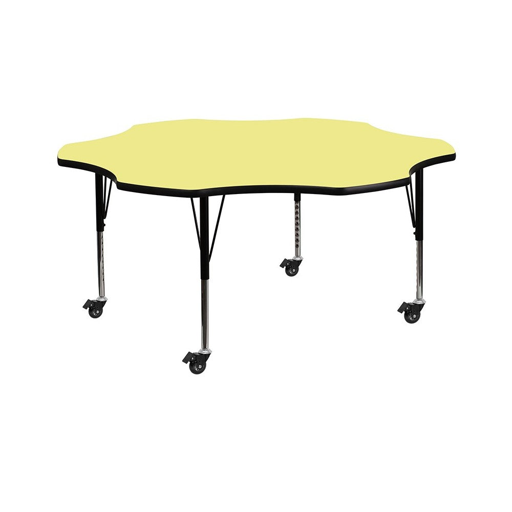 Mobile 60'' Flower Yellow Thermal Laminate Activity Table - Height Adjustable Short Legs