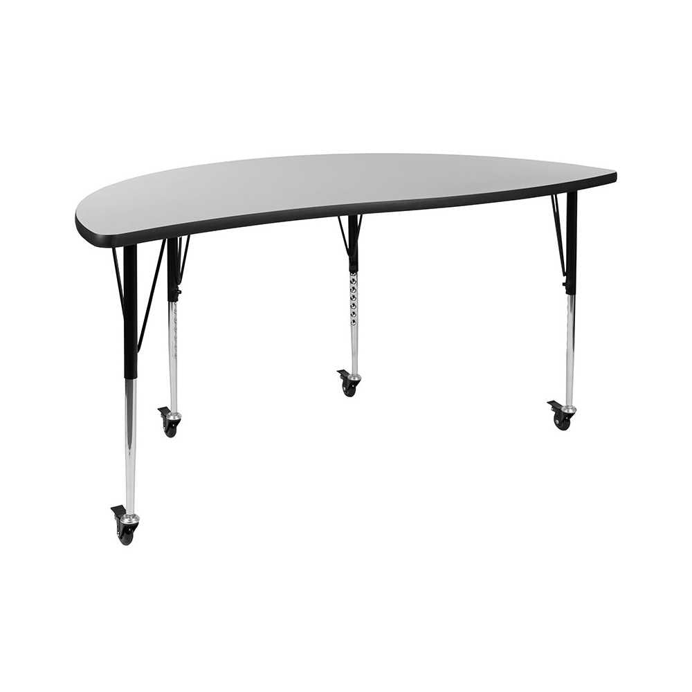 Mobile 60" Half Circle Wave Collaborative Gray Thermal Laminate Activity Table - Standard Height Adjustable Legs