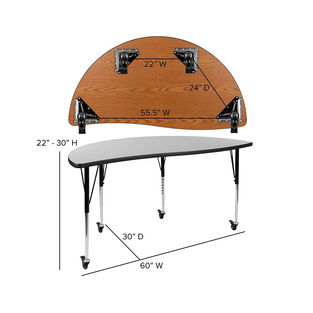 Mobile 60" Half Circle Wave Collaborative Gray Thermal Laminate Activity Table - Standard Height Adjustable Legs