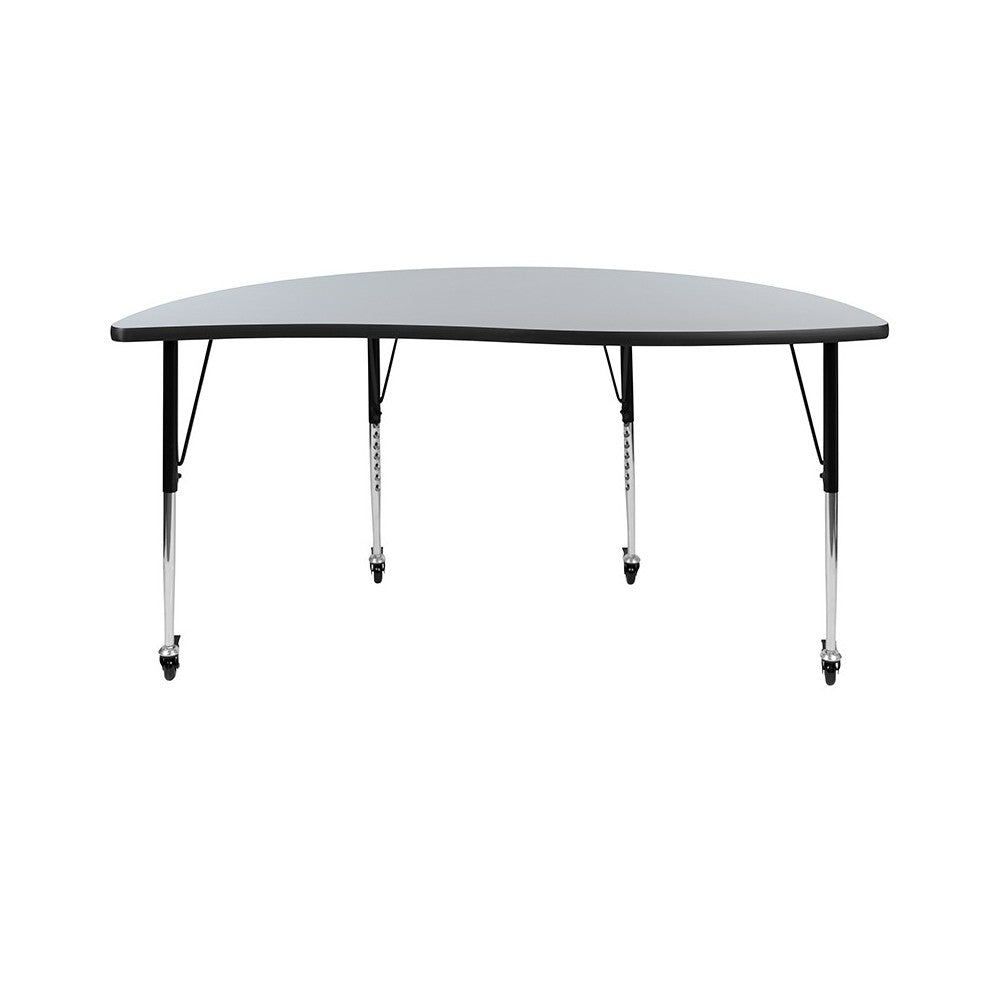 Mobile 60" Half Circle Wave Collaborative Gray Thermal Laminate Activity Table - Standard Height Adjustable Legs