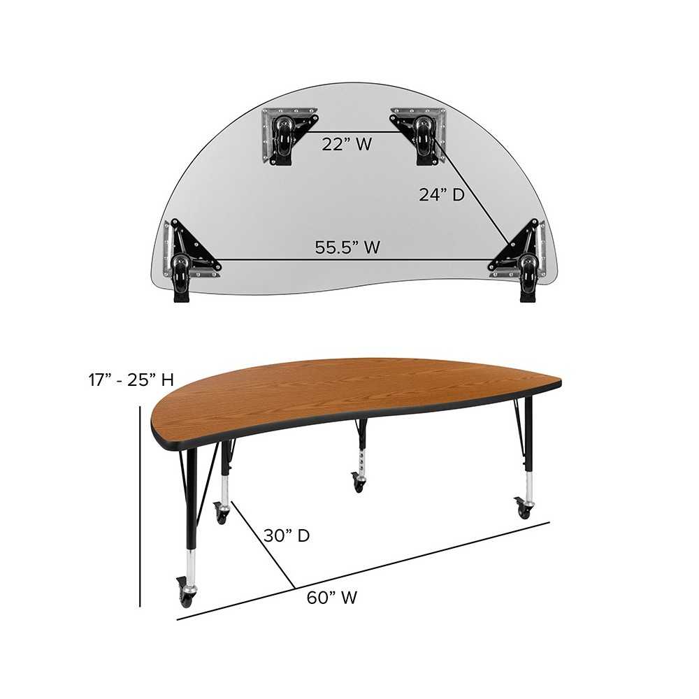 Mobile 60" Half Circle Wave Collaborative Oak Thermal Laminate Activity Table - Height Adjustable Short Legs