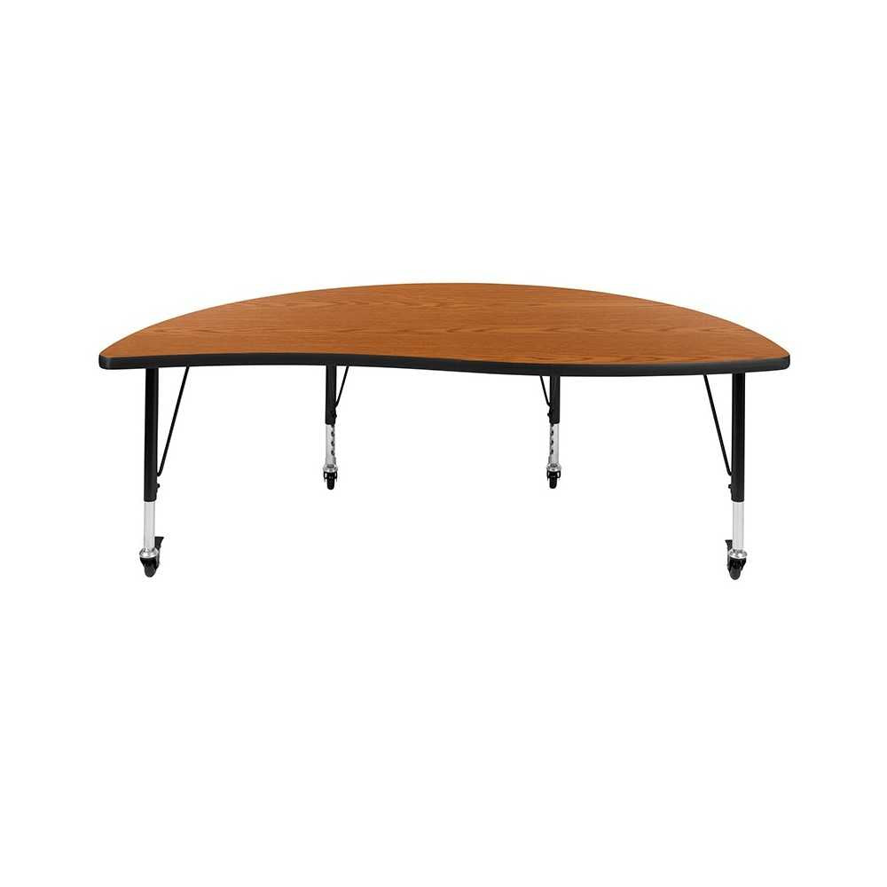 Mobile 60" Half Circle Wave Collaborative Oak Thermal Laminate Activity Table - Height Adjustable Short Legs