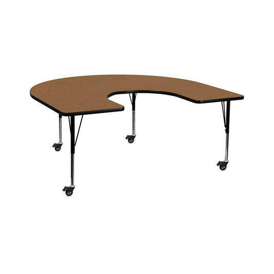 Mobile 60''W x 66''L Horseshoe Oak Thermal Laminate Activity Table - Height Adjustable Short Legs