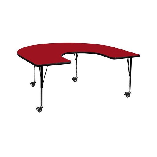 Mobile 60''W x 66''L Horseshoe Red Thermal Laminate Activity Table - Height Adjustable Short Legs