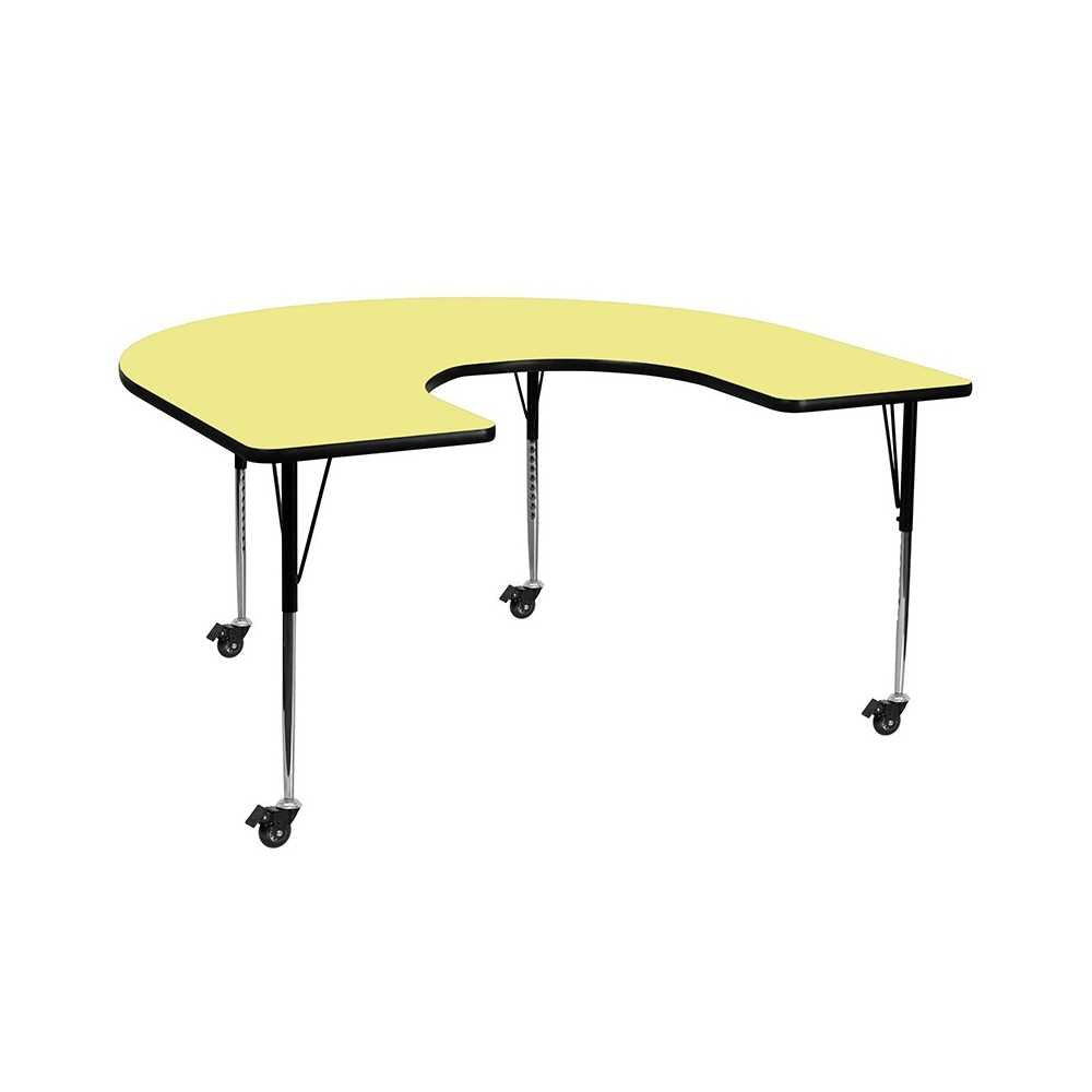 Mobile 60''W x 66''L Horseshoe Yellow Thermal Laminate Activity Table - Standard Height Adjustable Legs