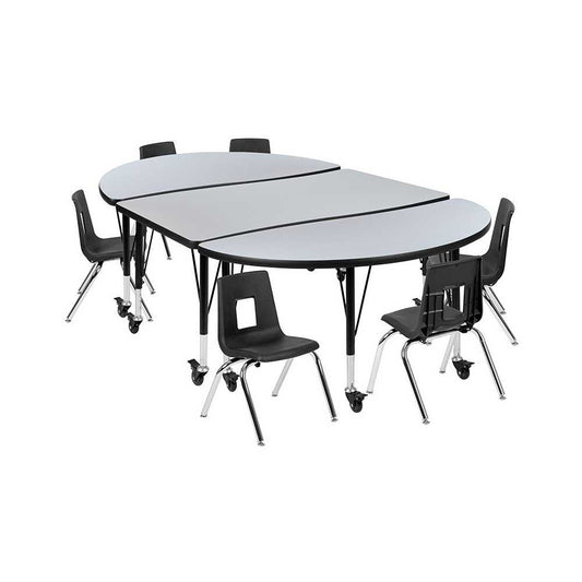 Mobile 76" Oval Wave Collaborative Laminate Activity Table Set with 12" Student Stack Chairs, Gray/Black