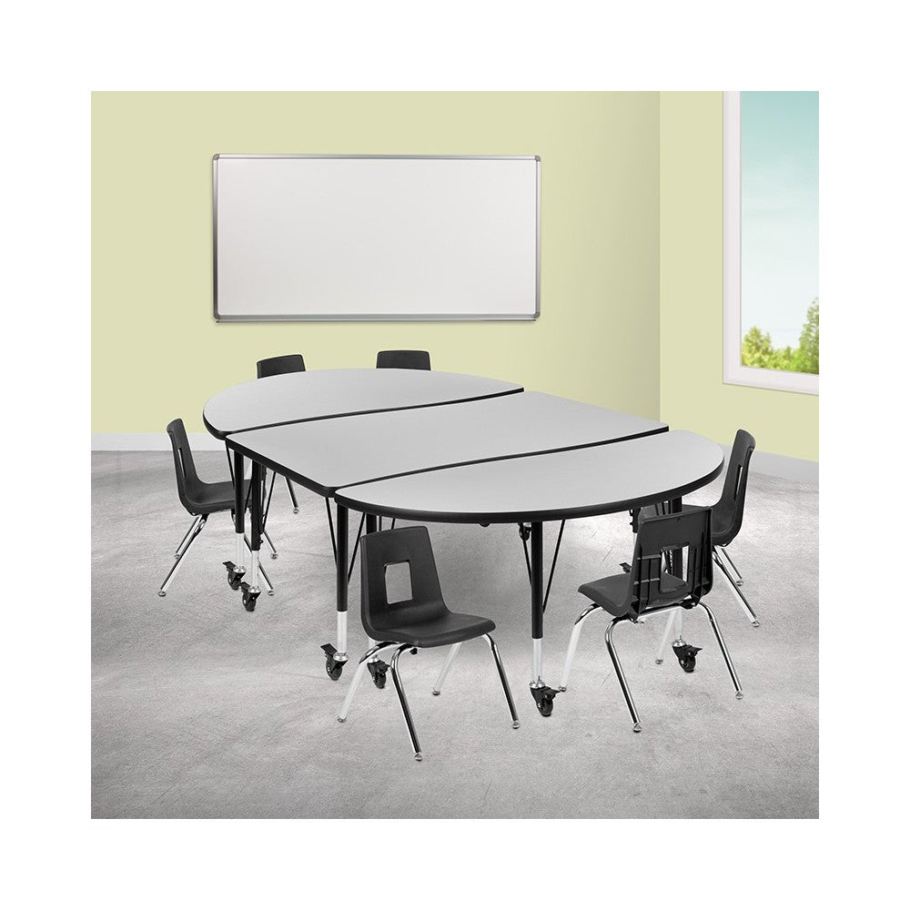 Mobile 76" Oval Wave Collaborative Laminate Activity Table Set with 12" Student Stack Chairs, Gray/Black