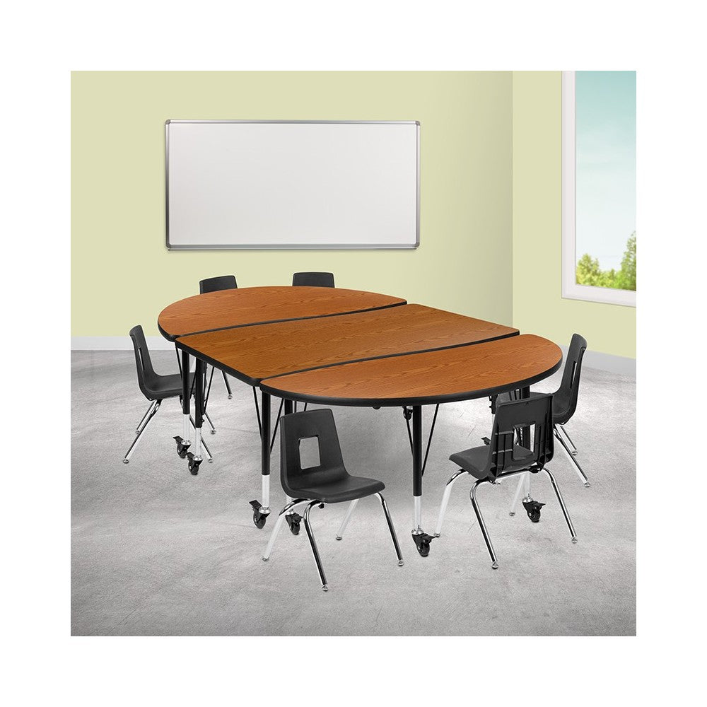 Mobile 76" Oval Wave Collaborative Laminate Activity Table Set with 12" Student Stack Chairs, Oak/Black