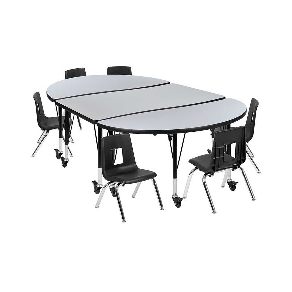 Mobile 76" Oval Wave Collaborative Laminate Activity Table Set with 14" Student Stack Chairs, Gray/Black