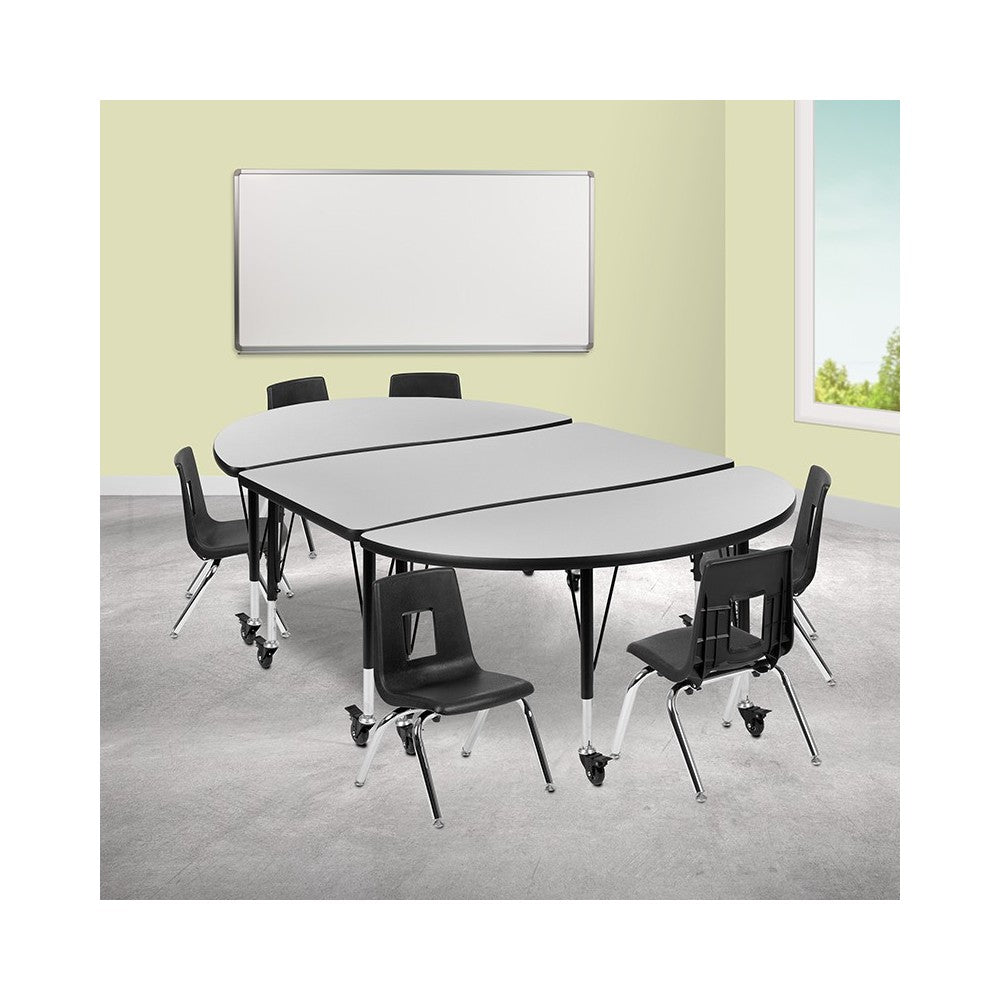 Mobile 76" Oval Wave Collaborative Laminate Activity Table Set with 14" Student Stack Chairs, Gray/Black