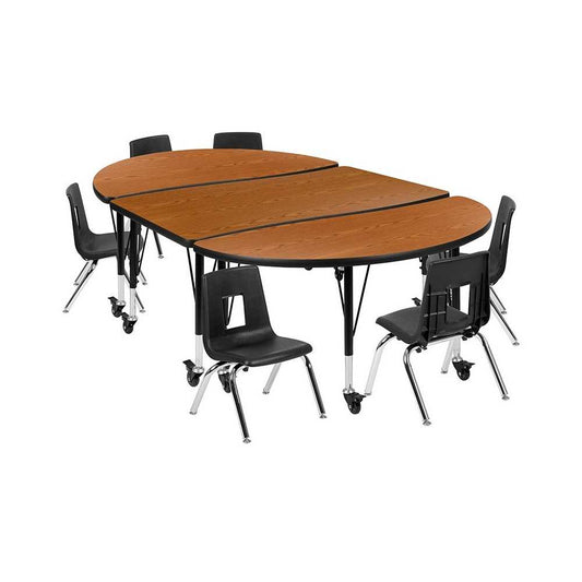 Mobile 76" Oval Wave Collaborative Laminate Activity Table Set with 14" Student Stack Chairs, Oak/Black