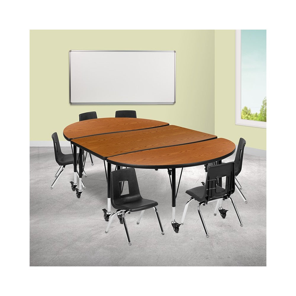 Mobile 76" Oval Wave Collaborative Laminate Activity Table Set with 14" Student Stack Chairs, Oak/Black