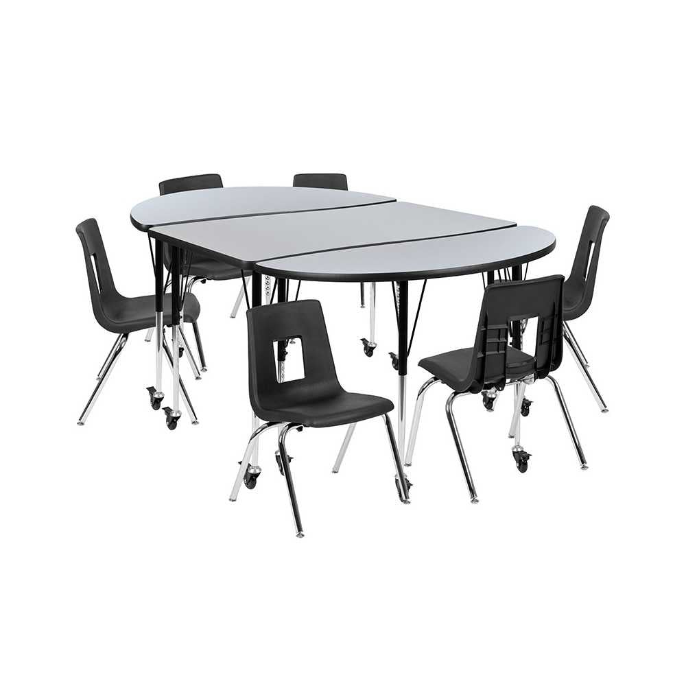 Mobile 76" Oval Wave Collaborative Laminate Activity Table Set with 16" Student Stack Chairs, Gray/Black