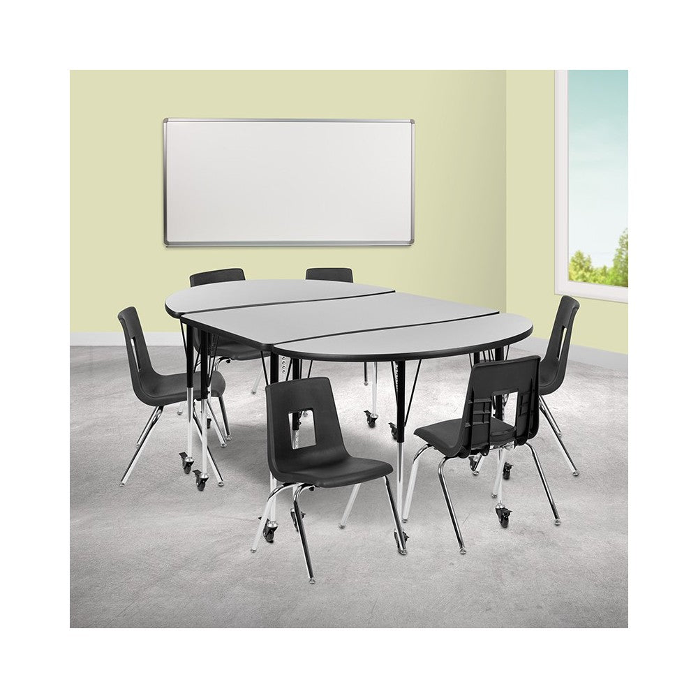 Mobile 76" Oval Wave Collaborative Laminate Activity Table Set with 16" Student Stack Chairs, Gray/Black