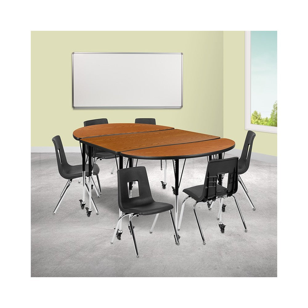 Mobile 76" Oval Wave Collaborative Laminate Activity Table Set with 16" Student Stack Chairs, Oak/Black