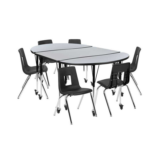 Mobile 76" Oval Wave Collaborative Laminate Activity Table Set with 18" Student Stack Chairs, Gray/Black