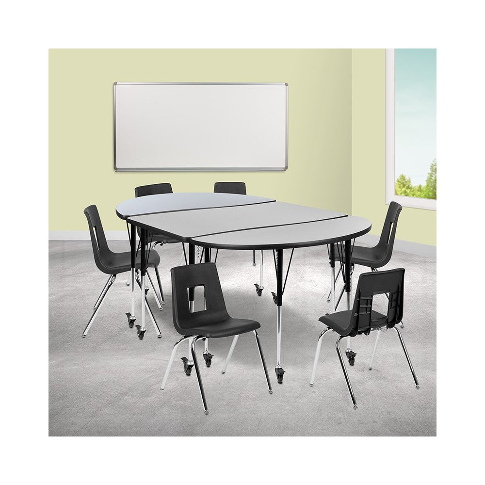 Mobile 76" Oval Wave Collaborative Laminate Activity Table Set with 18" Student Stack Chairs, Gray/Black